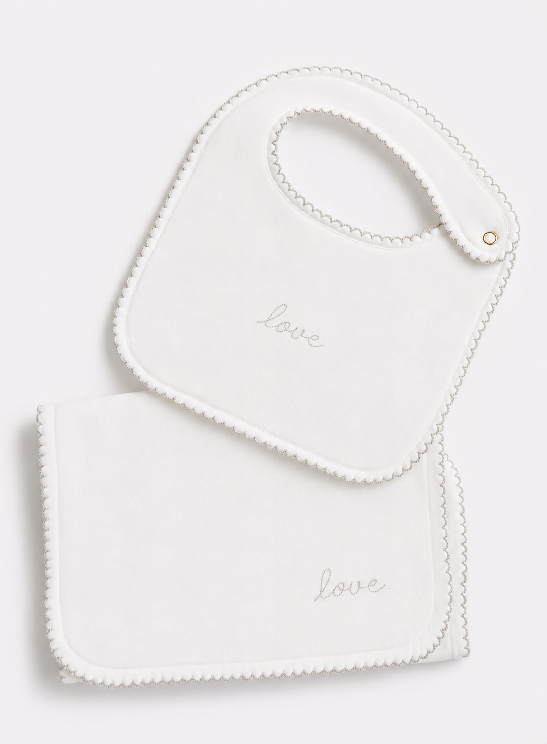 Bib & Burp Cloth Set - Embroidered Love White Sand