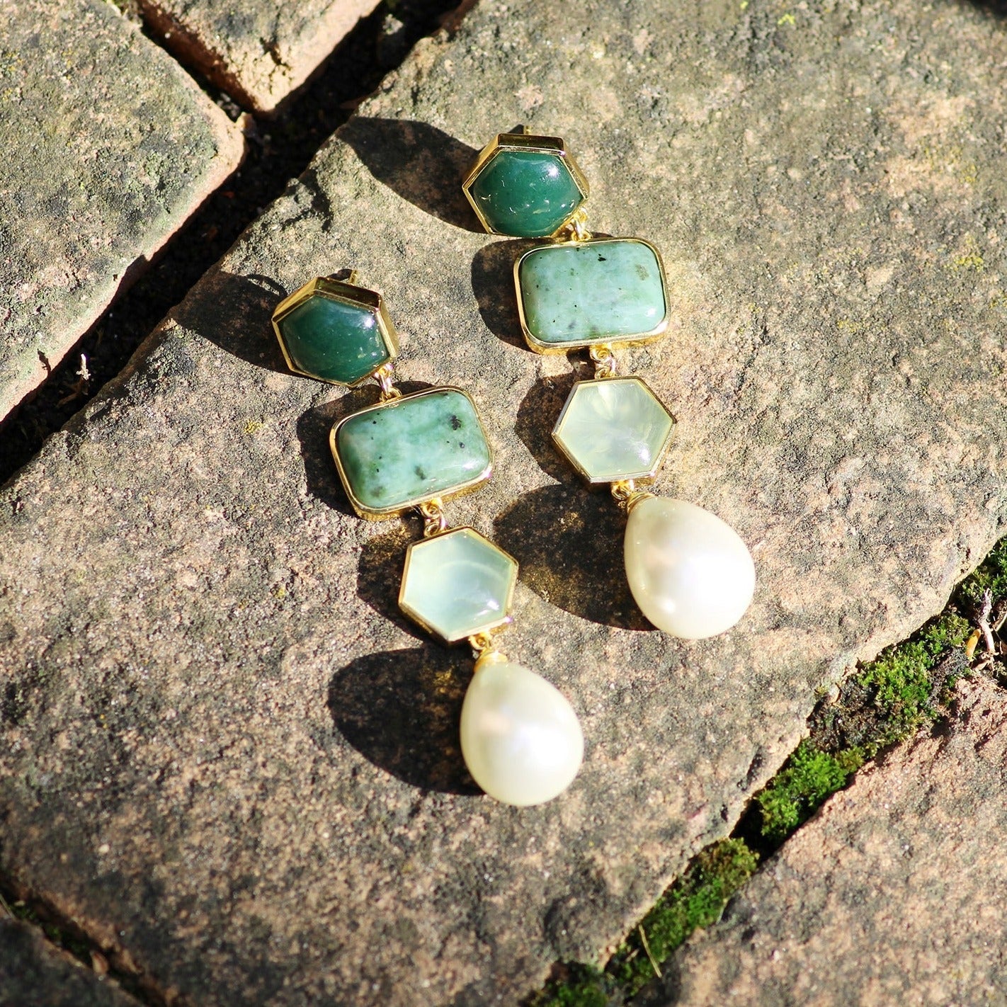 Amanda Drop Earrings in Nephrite Jade, Green Aventurine and Prehnite