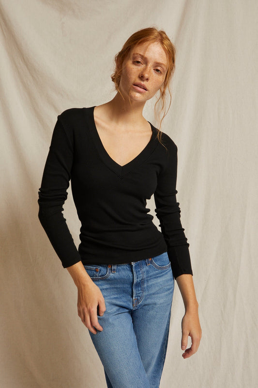 Viola Ribbed Cotton Modal V Neck Long Sleeve T-Shirt - Black