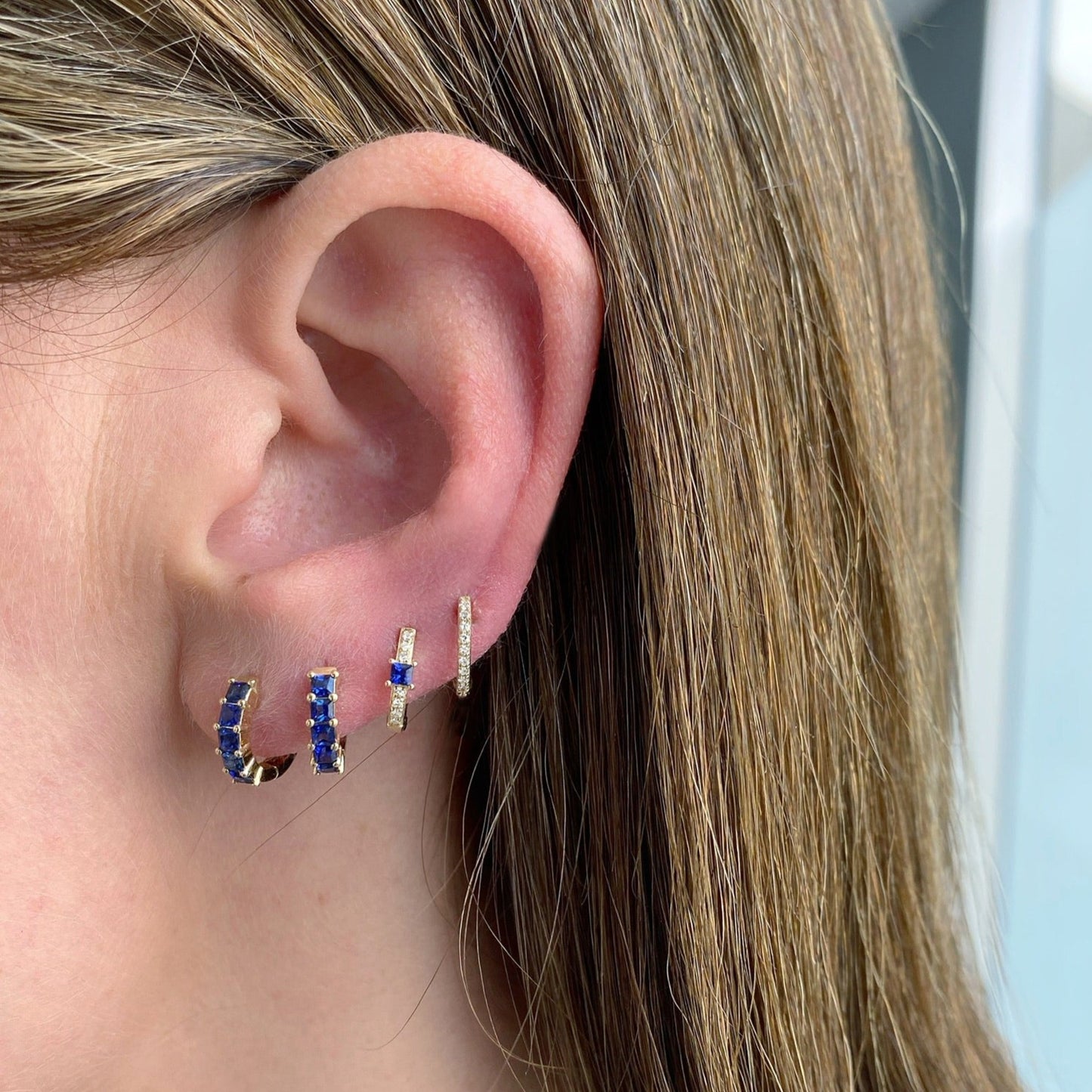 Blue Sapphire Princess Mini Huggie Earring