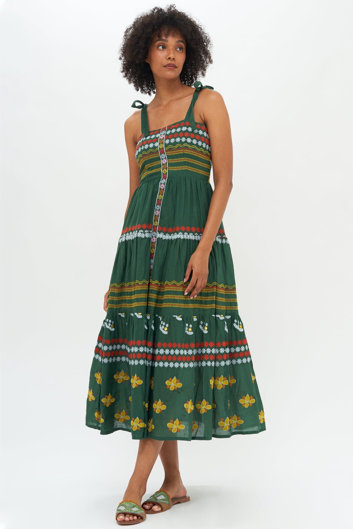 Tie Strap Embroidered Midi Dress - Lucknow Green