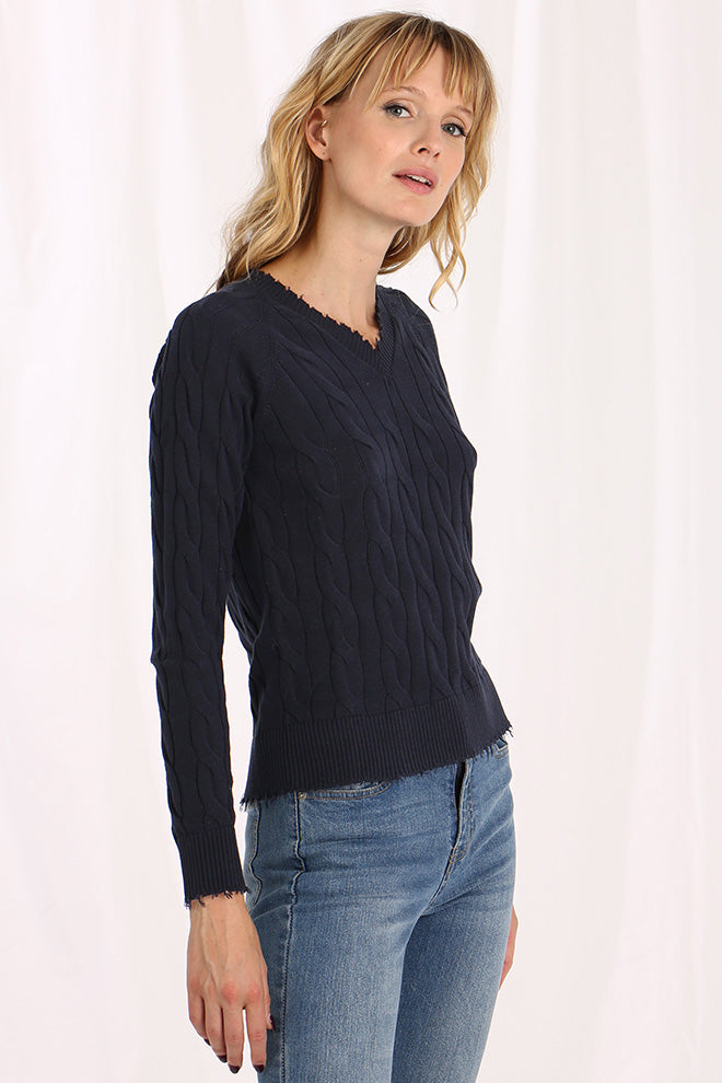 Cable Knit V-Neck Sweater with Frayed Edges - Navy