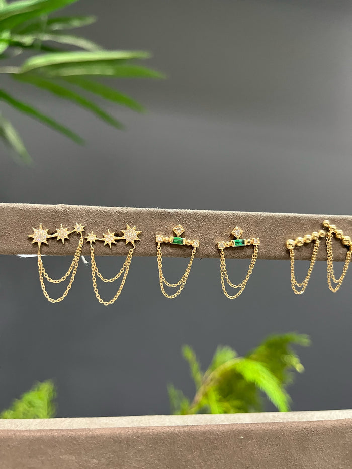 Emerald Bar Chain Earrings