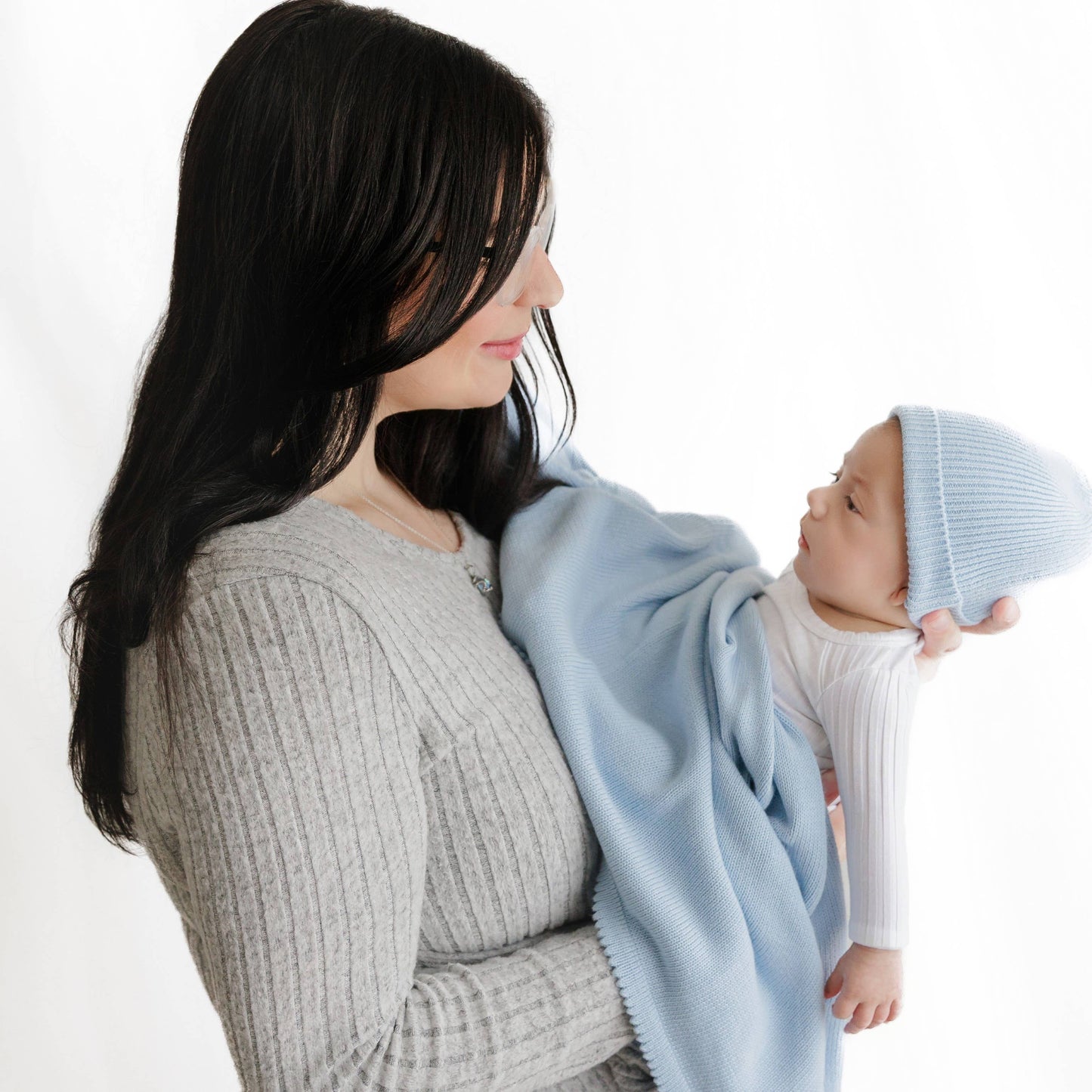 Cotton Knit Blanket + Hat Boxed Gift Set - Sky Blue - Luxe - 100% Organic Cotton
