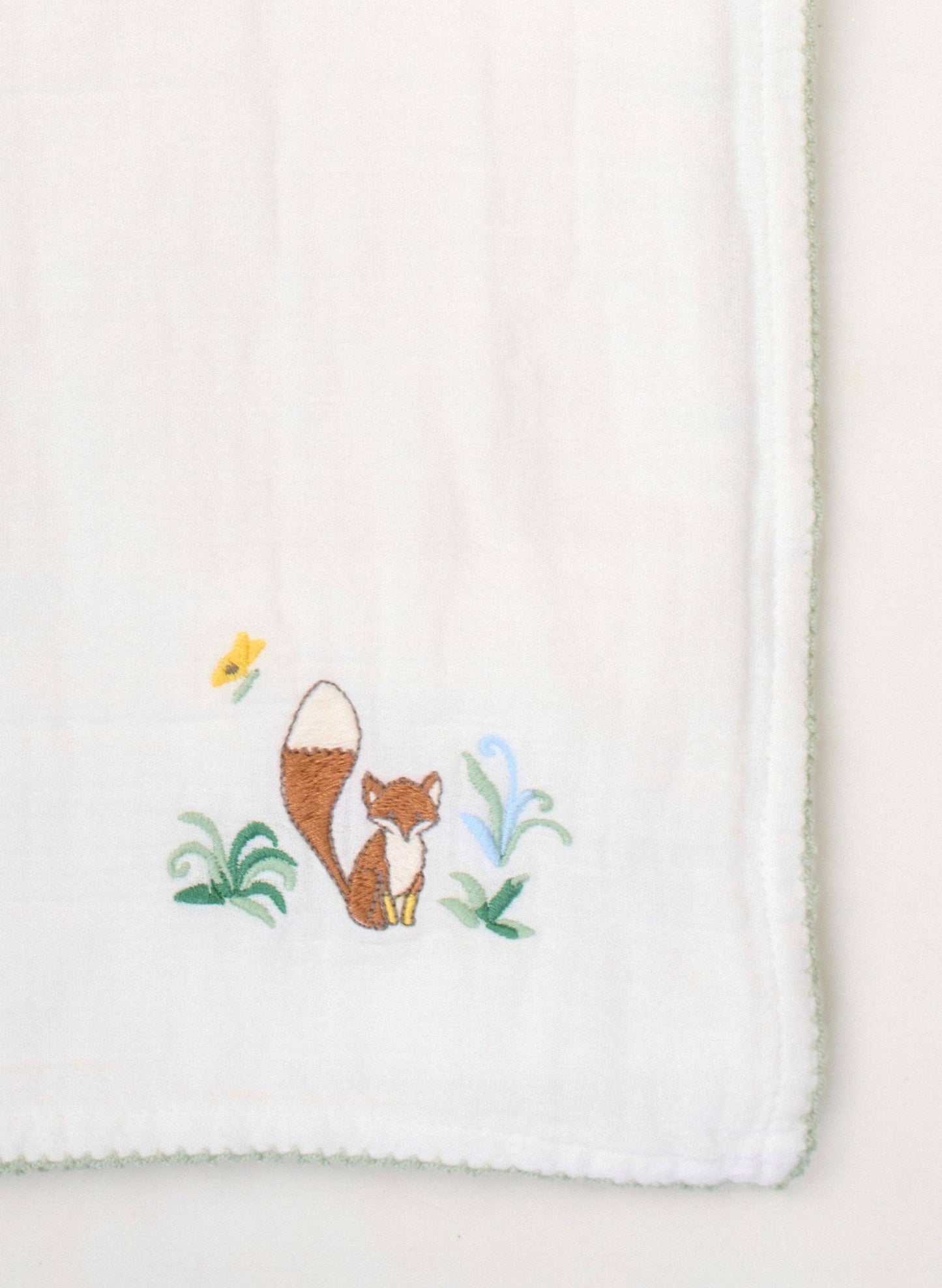 Shawl Blanket - Fox Embroidered - White