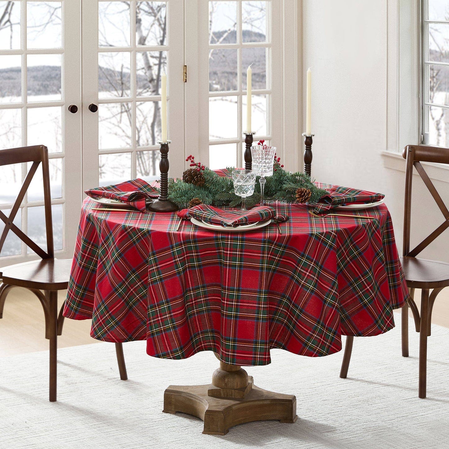 Stowe Tartan Holiday Plaid Cotton Christmas Tablecloth: Red - 70" Round