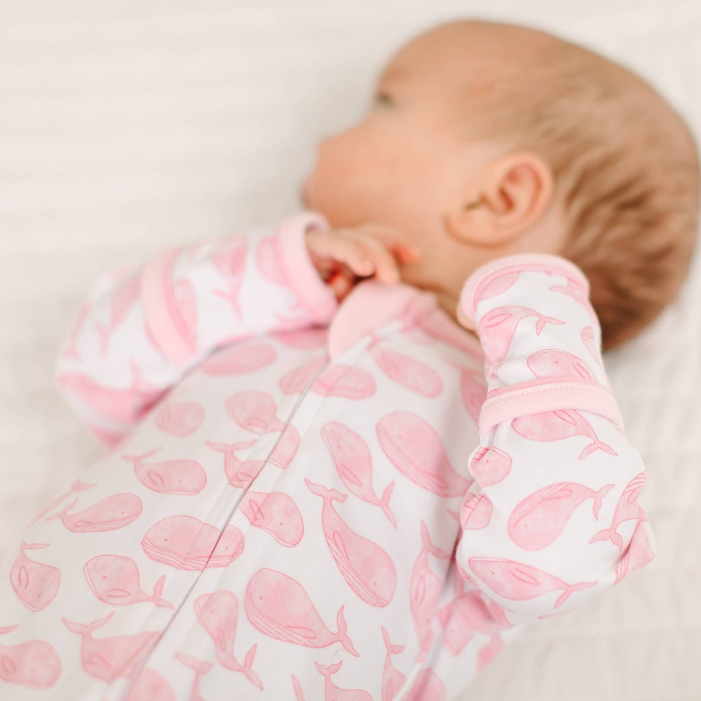 Azure Whales Print Zip Footie - Pink