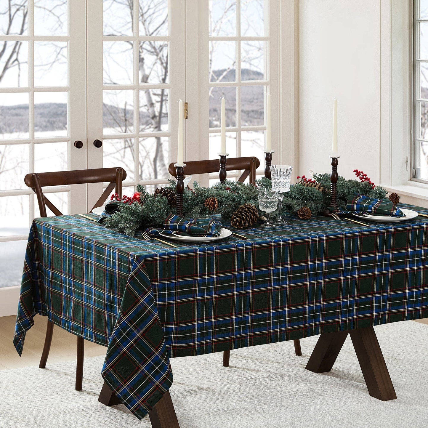 Stowe Tartan Holiday Plaid Cotton Christmas Tablecloth: Red - 70" Round