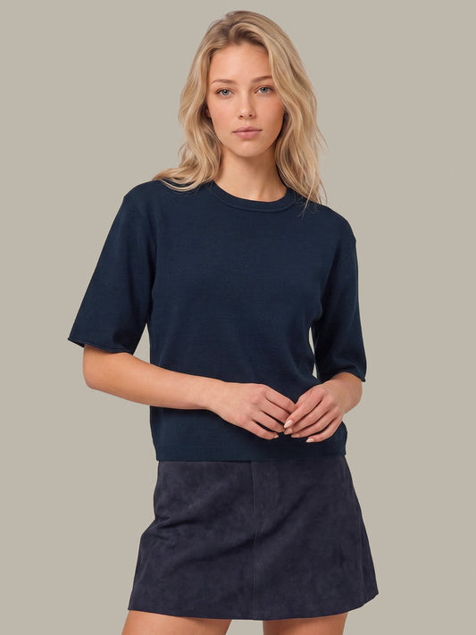 Colette Crew Neck Boxy Short Sleeve Sweater - Navy