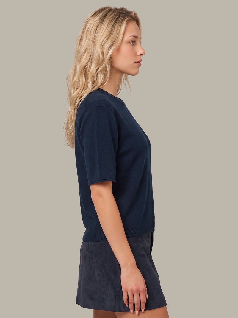 Colette Crew Neck Boxy Short Sleeve Sweater - Navy