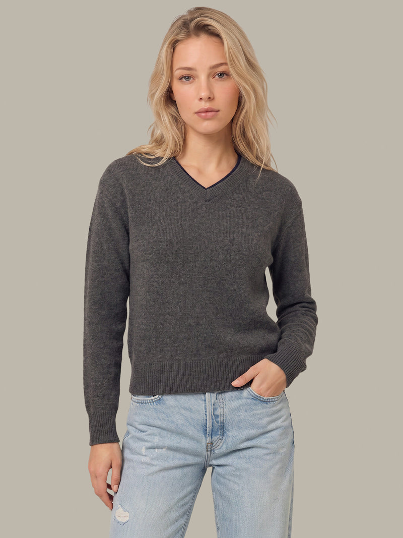 Sloane High V-Neck Cashmere Pullover - Grey Heather Combo