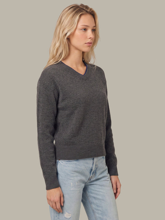 Sloane High V-Neck Cashmere Pullover - Grey Heather Combo