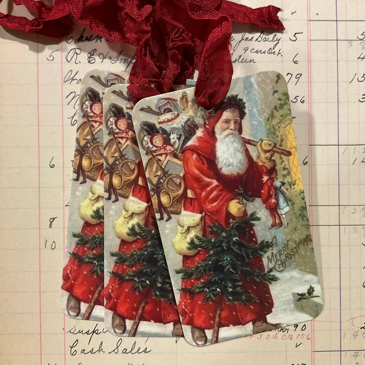 Pack of 3 Gift Tags with Crinkle Ribbon - Red Santa Tree