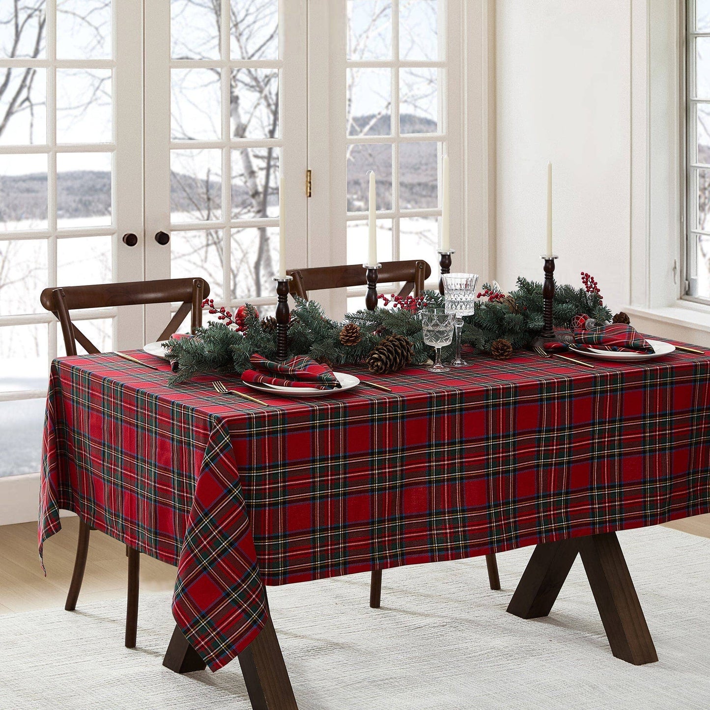 Stowe Tartan Holiday Plaid Cotton Christmas Tablecloth: Red - 70" Round