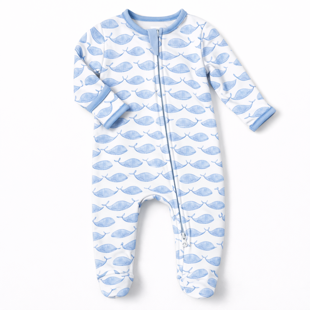 Azure Whales Print Zip Footie - Light Blue