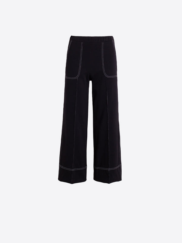 Wide-Leg Trousers w/Contrast - Black