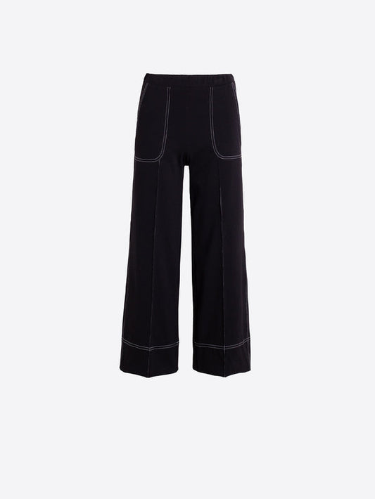 Wide-Leg Trousers w/Contrast - Black