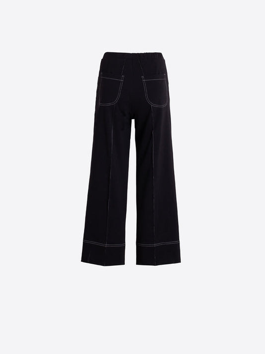 Wide-Leg Trousers w/Contrast - Black