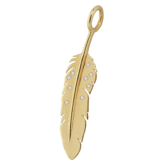 Sculptural Charm - 14k Gold Feather with Diamonds