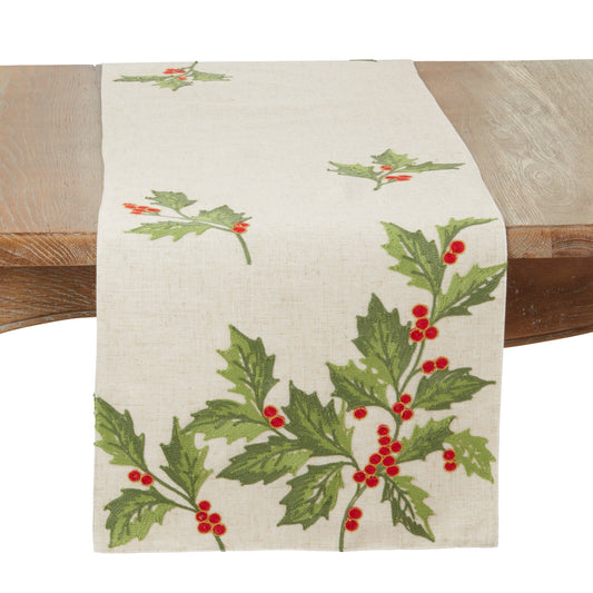 Evergreen Holly Leaves Table Runner - Natural