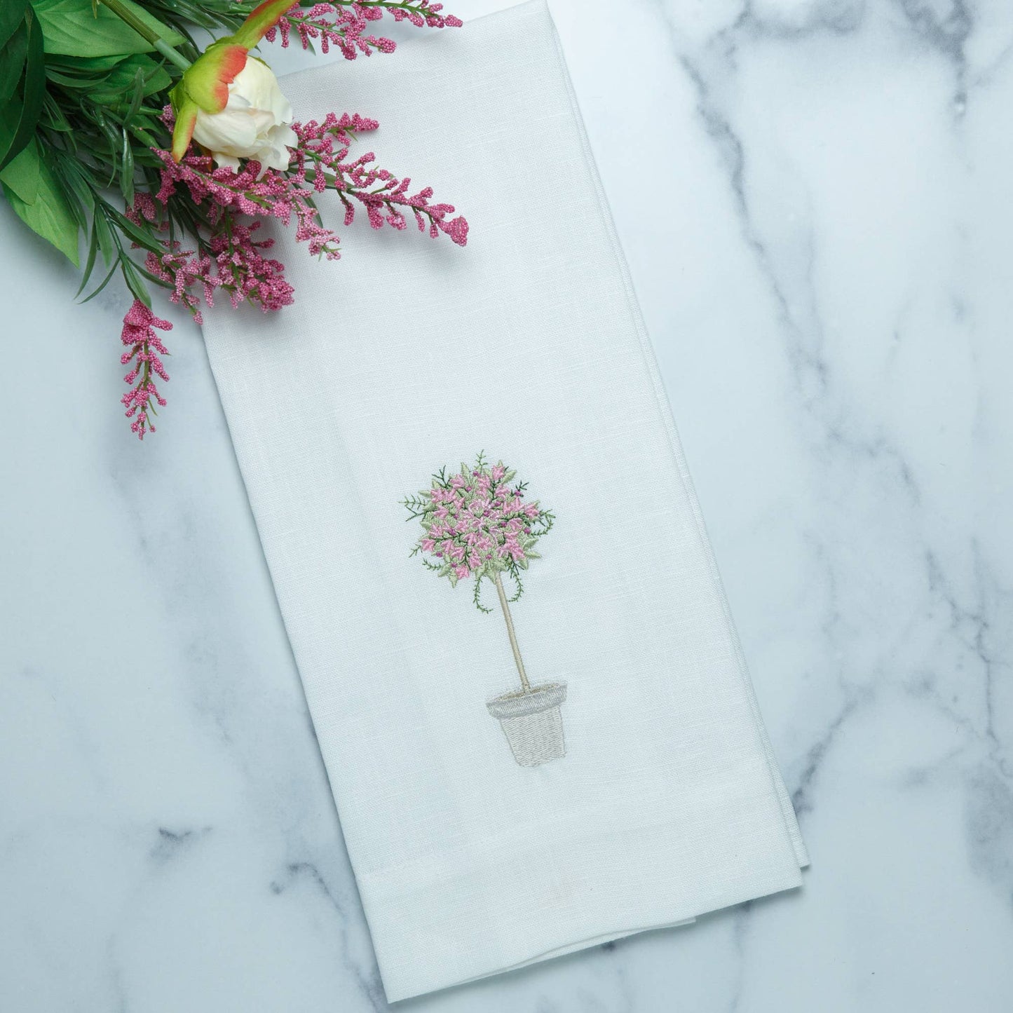 Pink Topiary Linen Towel -  White