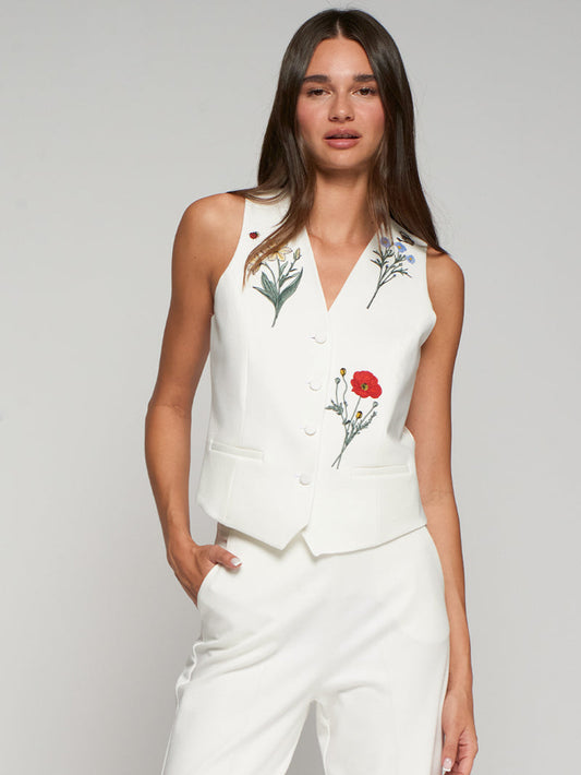 Vest with Embroidered Flowers - White