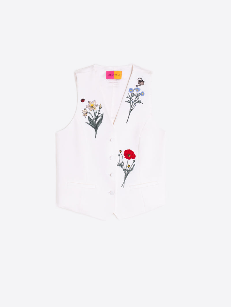 Vest with Embroidered Flowers - White