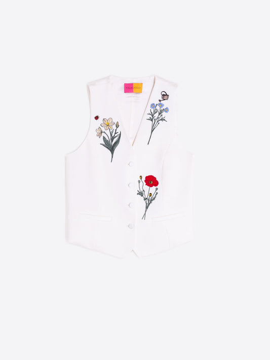 Vest with Embroidered Flowers - White