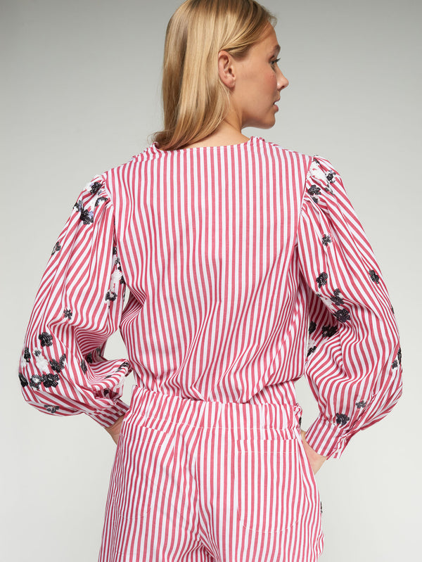Pink Striped Shirt with Bow and Embroidery