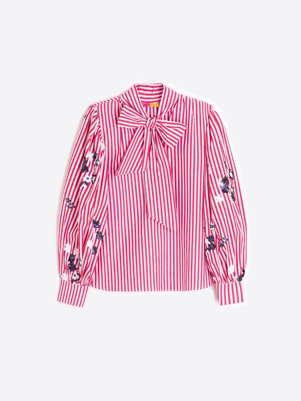 Pink Striped Shirt with Bow and Embroidery