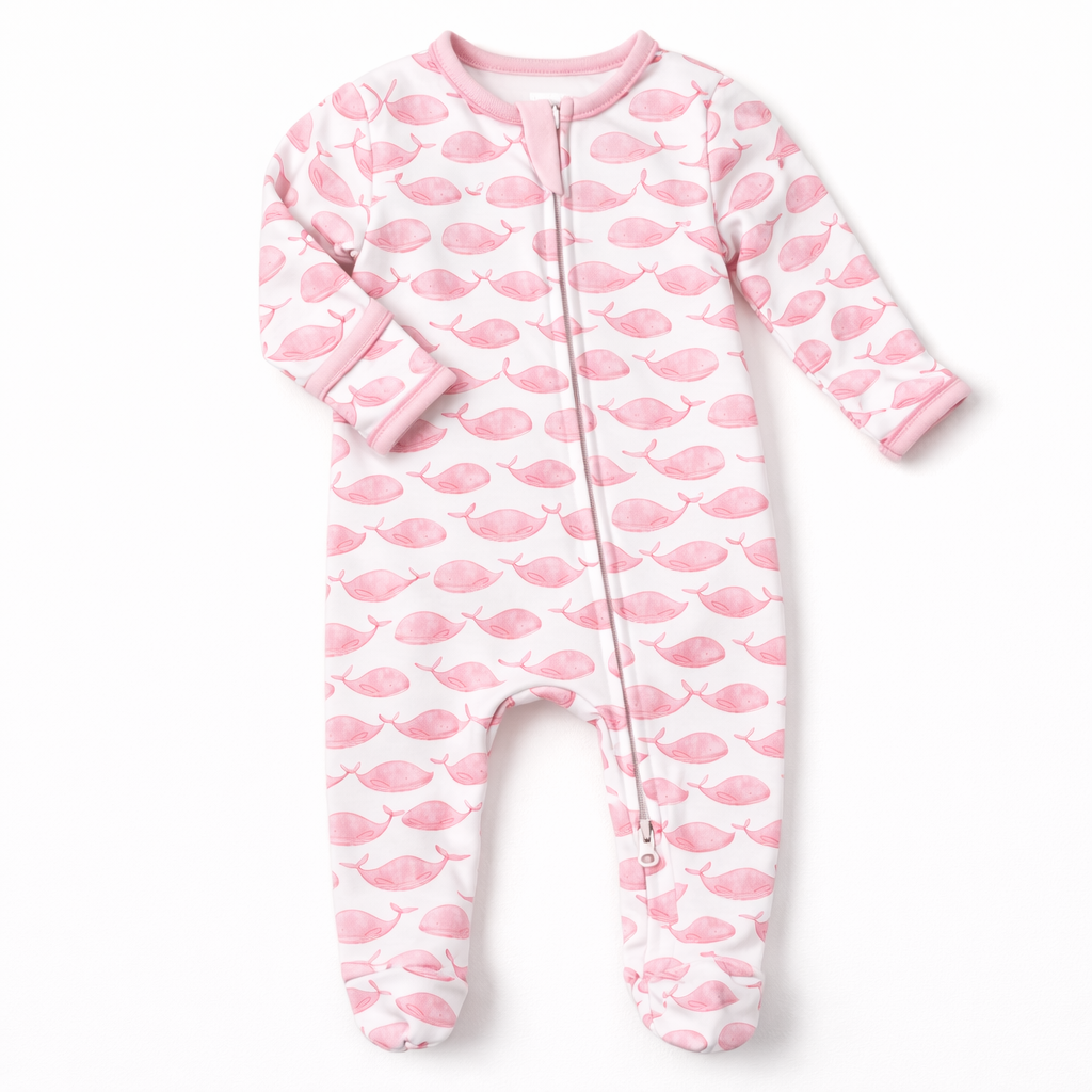 Azure Whales Print Zip Footie - Pink