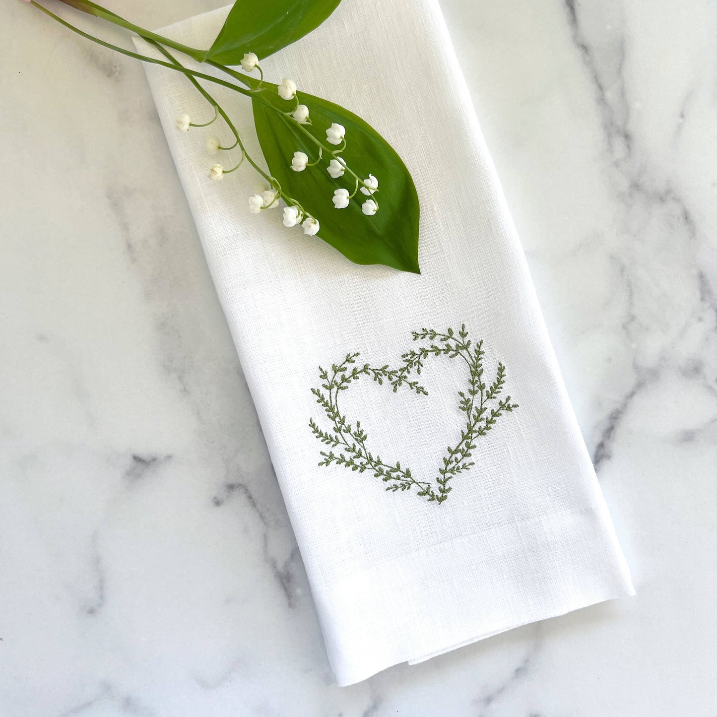 Vineyard Heart Linen Towel - White (Green)