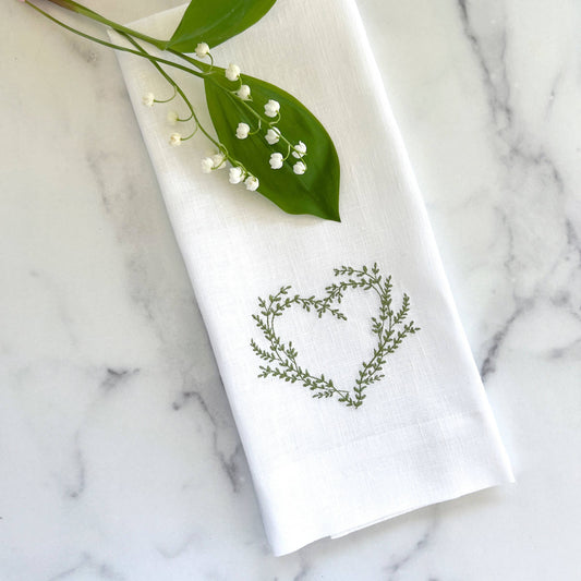 Vineyard Heart Linen Towel - White (Green)