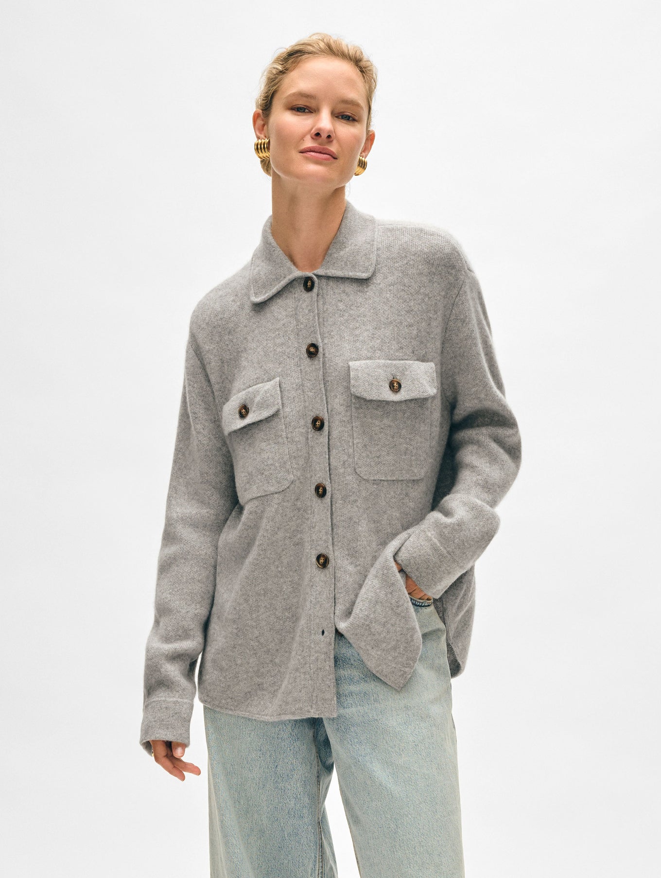 Cashmere Luxe Button Down Shacket - Grey Heather