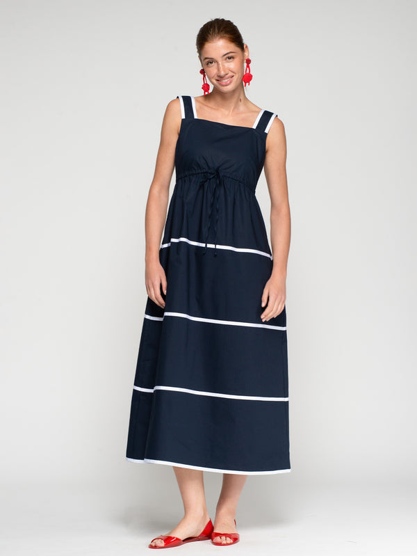 Navy Dress with Striped Straps