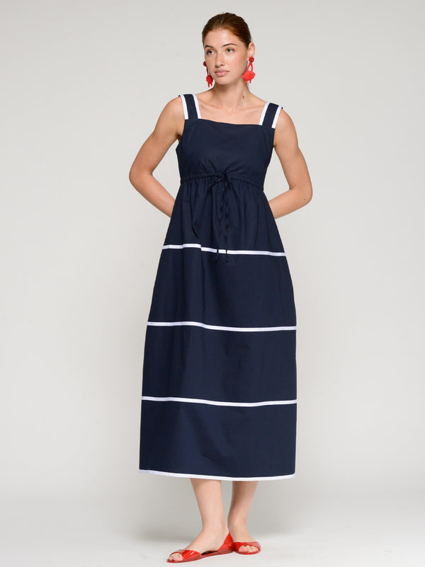 Navy Dress with Striped Straps