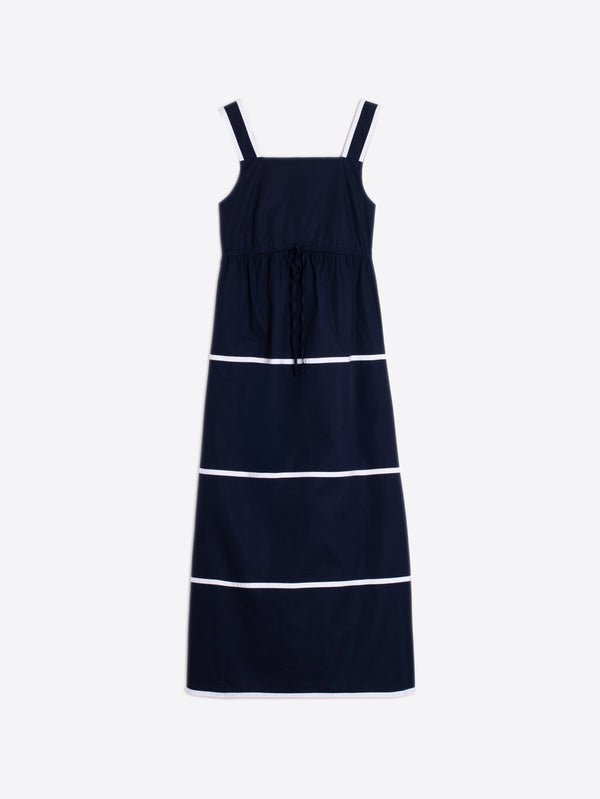 Navy Dress with Striped Straps