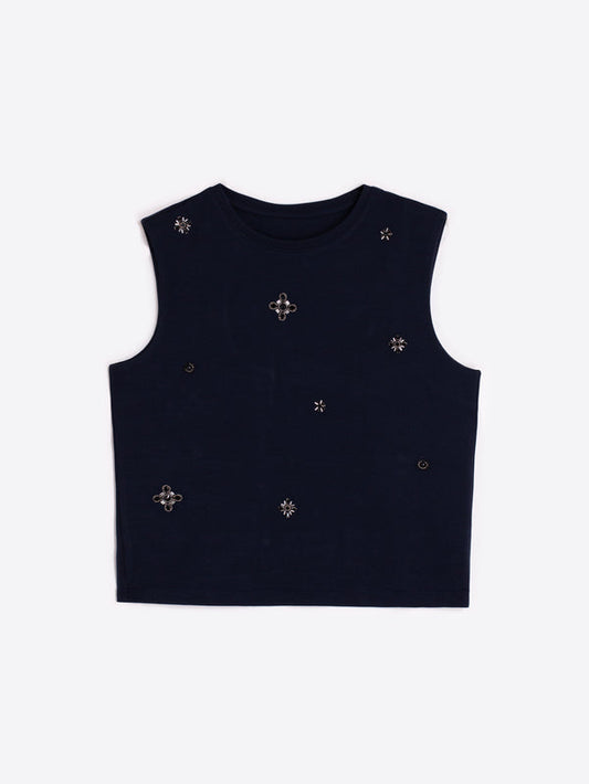 Sleeveless Top with Metal Embellishments - Black