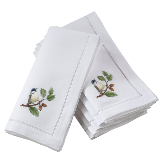 Embroidered Bluebird Hemstitch Napkin: White / 20"