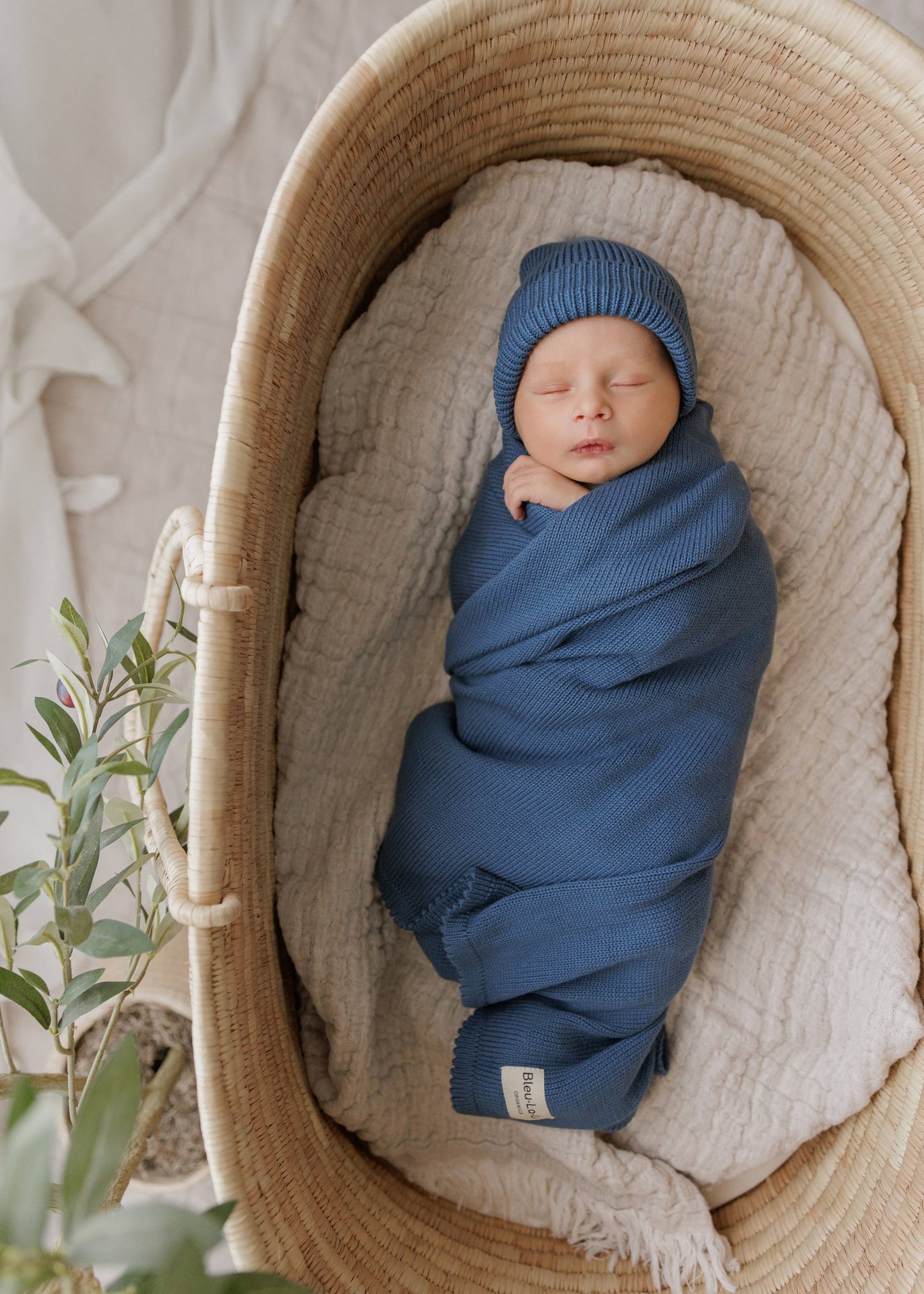 Cotton Knit Blanket + Hat Boxed Gift Set - Denim Blue - 100% Organic Cotton