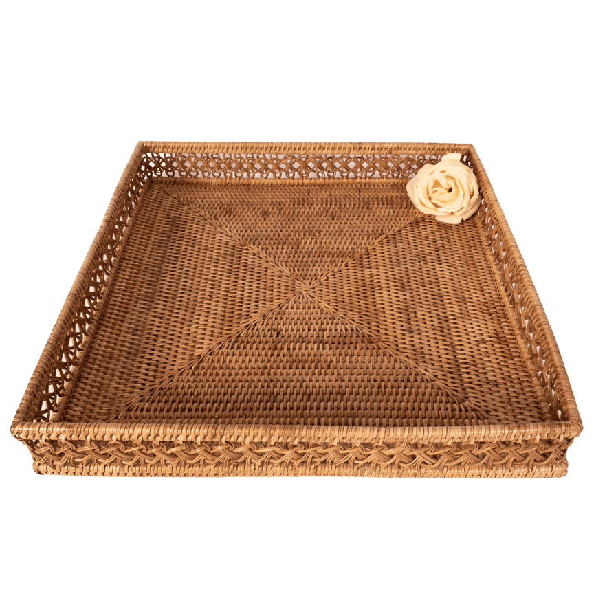 18" Square Tray with Glass Insert - Honey Brown