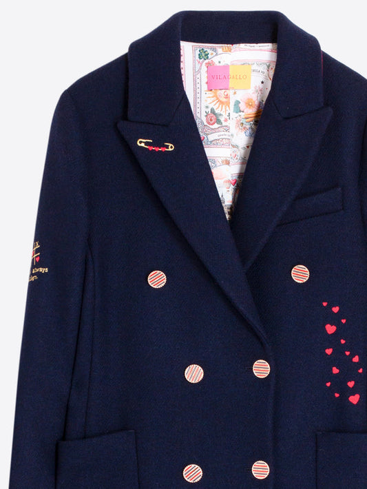Embroidered Love Navy Wool Coat - Liana