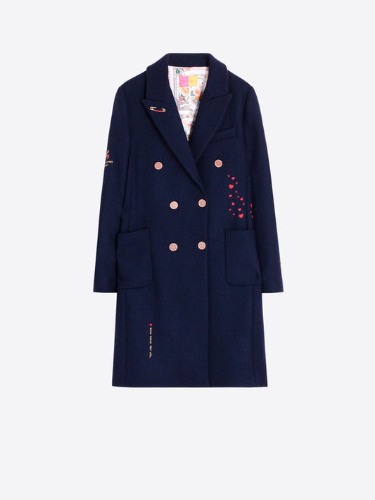 Embroidered Love Navy Wool Coat - Liana