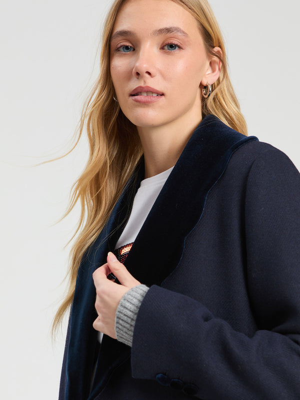 Navy Blue Wool Coat with Wavy Detail - Loretta