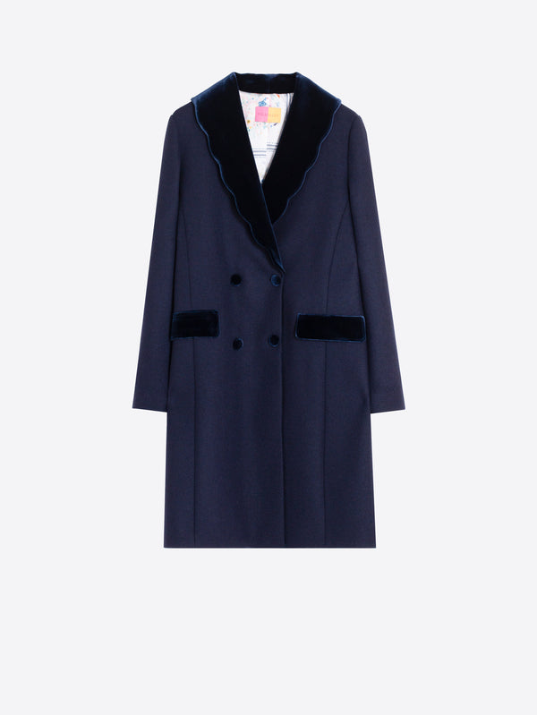 Navy Blue Wool Coat with Wavy Detail - Loretta