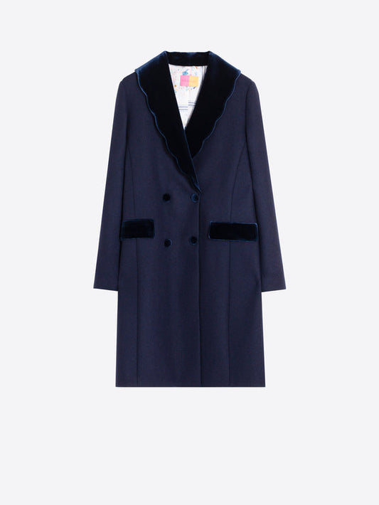 Navy Blue Wool Coat with Wavy Detail - Loretta