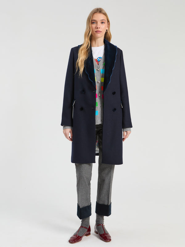 Navy Blue Wool Coat with Wavy Detail - Loretta