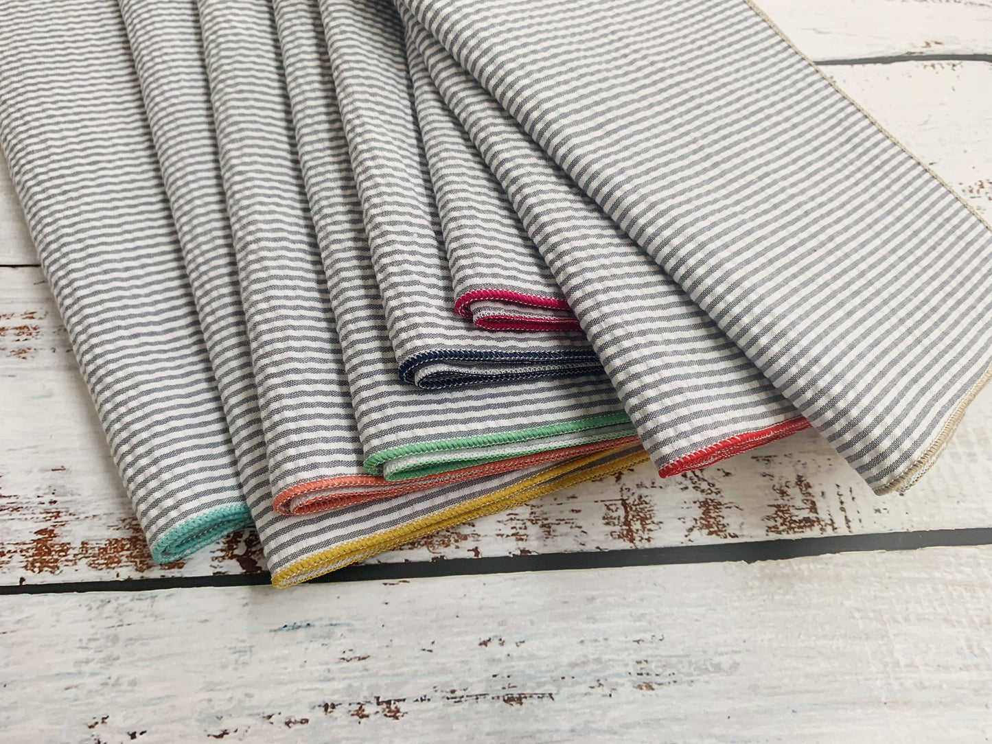 Set of 8 Grey Seersucker Cloth Cocktail Napkins with Colorful Edges, 10"