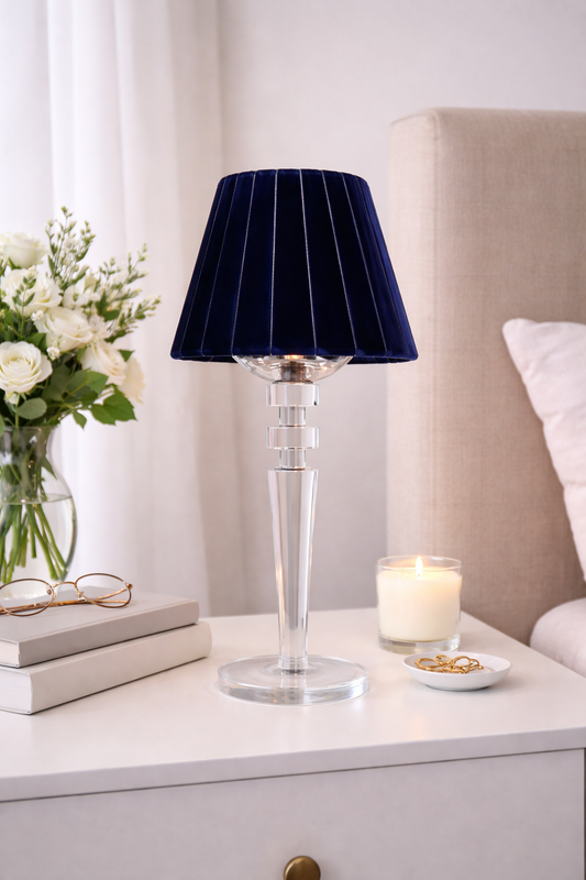 Tall Crystal Rechargeable Lamp with Navy Velvet Shade
