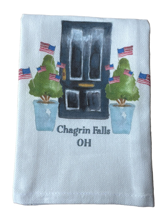 Tea Towel - Chagrin Falls - Black Door with Flags